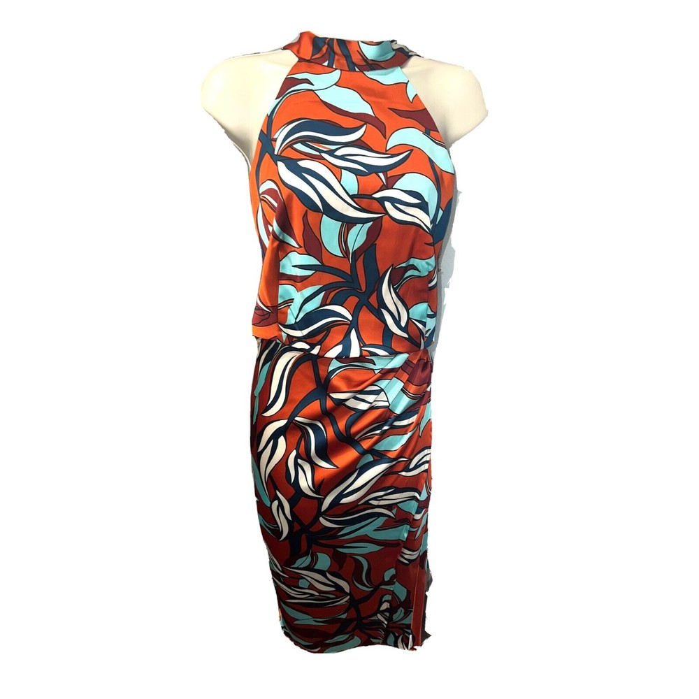 Sigrid Olsen Two-Piece Floral Halter Top Faux Wrap Skirt Dress Blue Cinnamon S